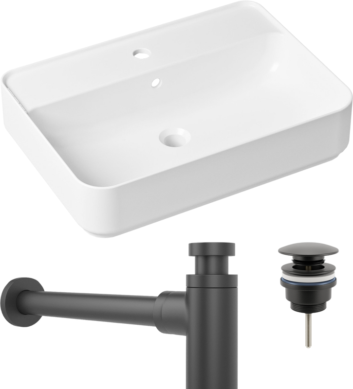 Комплект Накладная раковина Lavinia Boho Bathroom Sink Slim 33311008 + Донный клапан Wellsee Drainage System 182140000 матовый черный + Сифон 182105000 матовый черный
