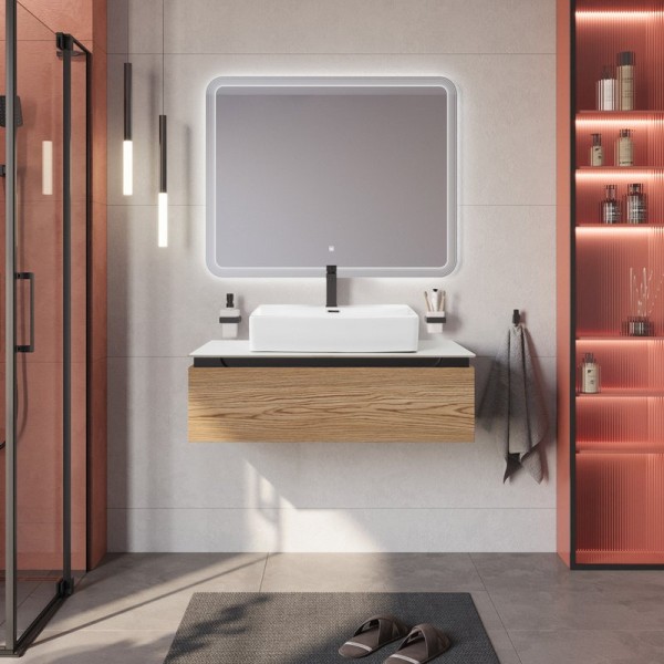 Мебель для ванной комнаты Cezares Slider 100 подвесная, 1 ящик, дуб тангент, со столешницей bianco opaco