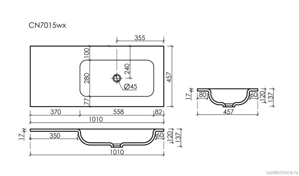 Раковина накладная Ceramicanova Grace, чаша справа, без отв под смеситель, 1010x457x137, белый, CN7015wx