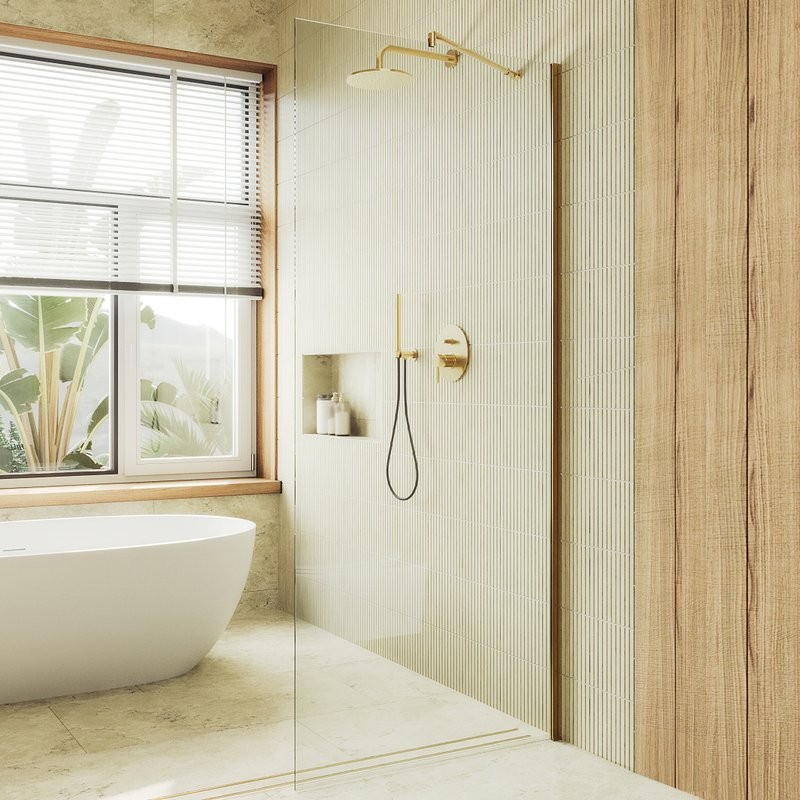 Душевая перегородка Maybahglass MGD-677-3ш 109 см, профиль золото, стекло прозрачное