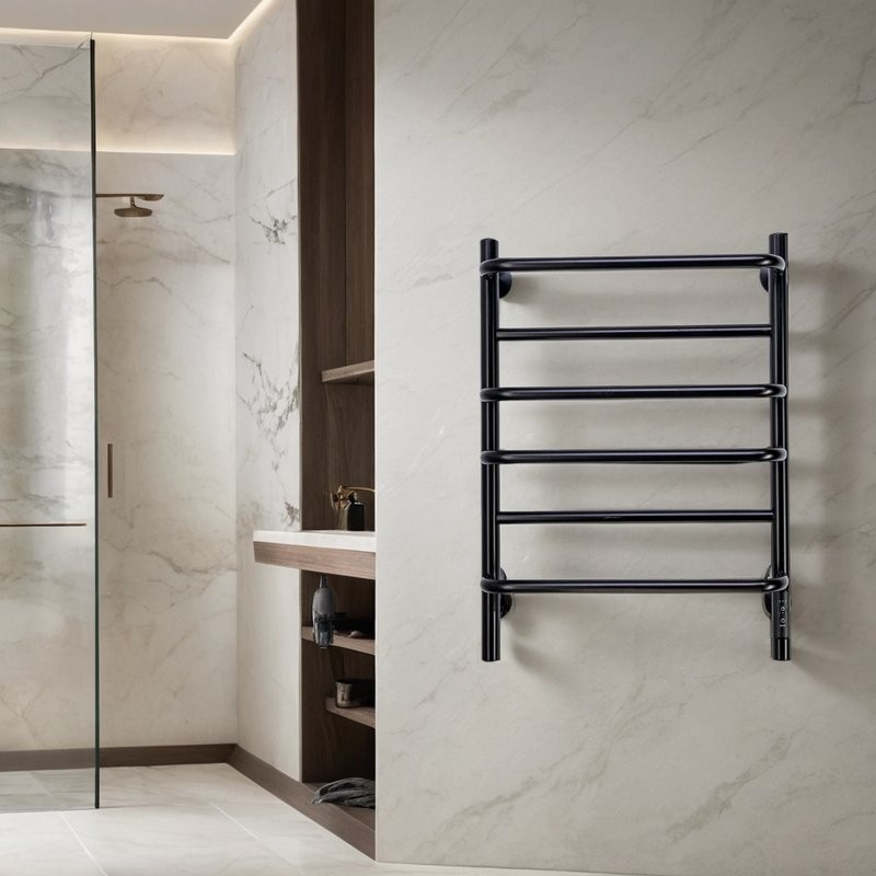 Полотенцесушитель электрический Comfysan Puro EC-6 60x45 см, скрытое подключение справа, слева, матовый черный, лесенка, из стали, с полкой