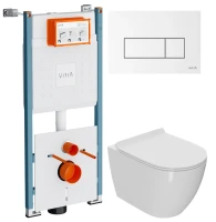 Комплект Унитаз подвесной Bauedge Bau Ceramics безободковый, с микролифтом, белый + Инсталляция VitrA V-Fix Core 732-5800-01PV + Кнопка Root Square 740-2300 белая глянцевая