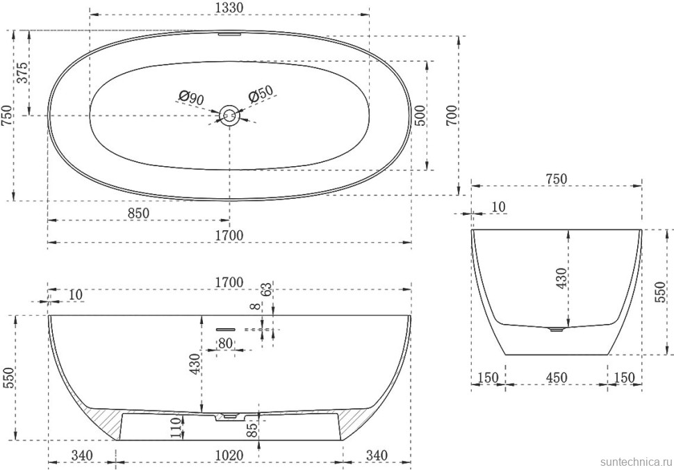 Ванна из искусственного камня Vincea VBT-6S01MW 170x75 см, отдельностоящая, матовая белая, овальная, со сливом-переливом