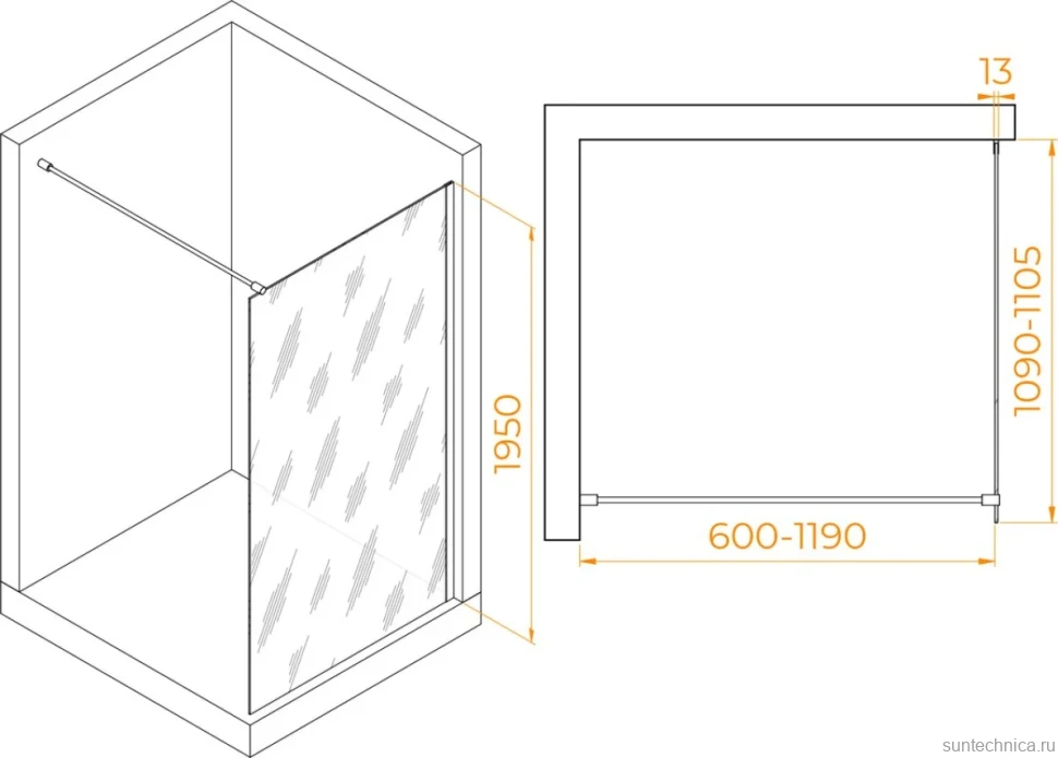 Душевая перегородка RGW Walk In WA-010G 110x195 см, профиль матовое золото, стекло прозрачное