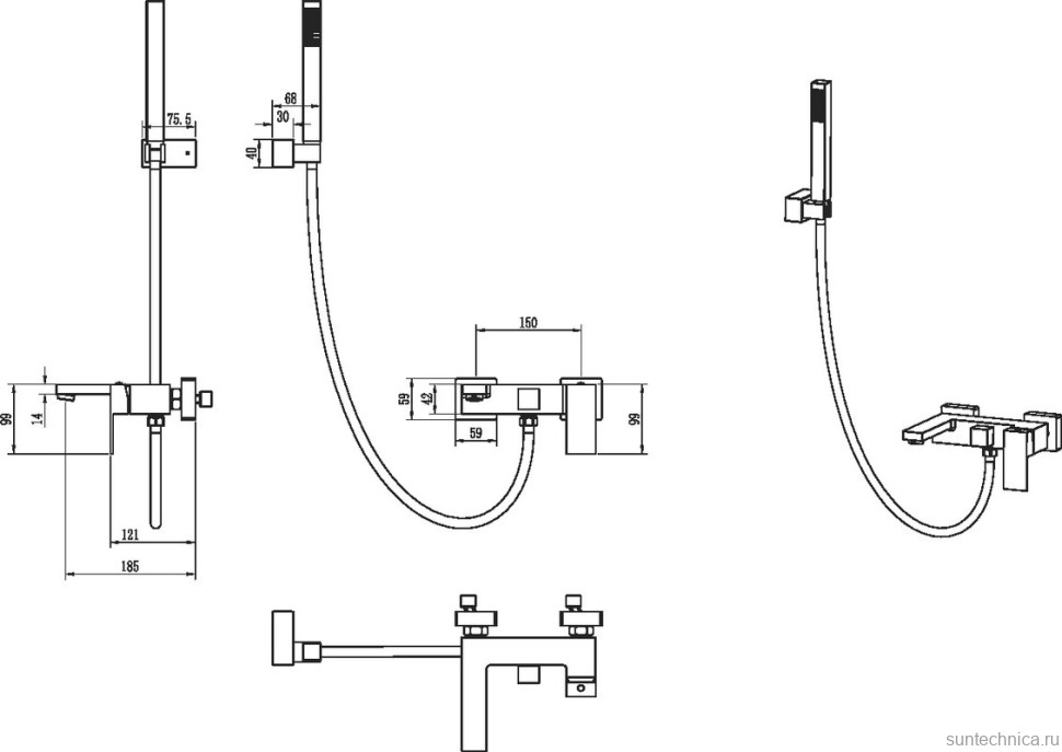 Смеситель для ванны с душем Boheme Qubic 473-BRB brushed bronze