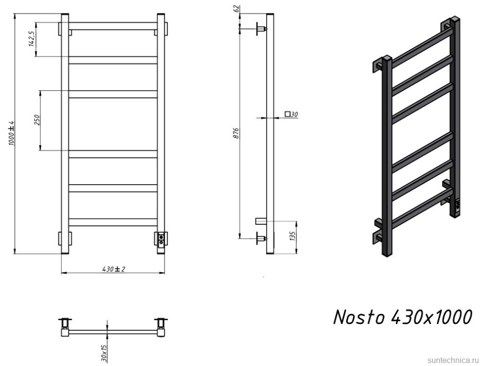 Полотенцесушитель электрический Grota Nosto 430х1000 NM EL 100x45 см, подключение справа, слева, скрытое подключение справа, матовый хром, лесенка