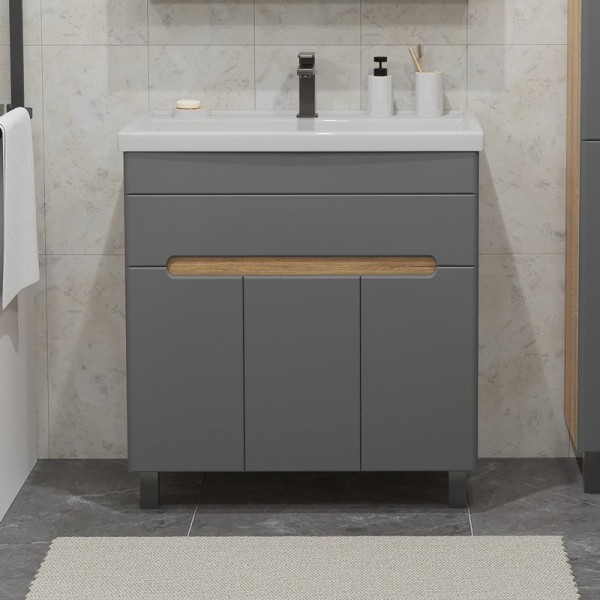 Тумба с раковиной SanStar Модена 80 напольная, графит софт, дуб вотан, раковина Фостер 80