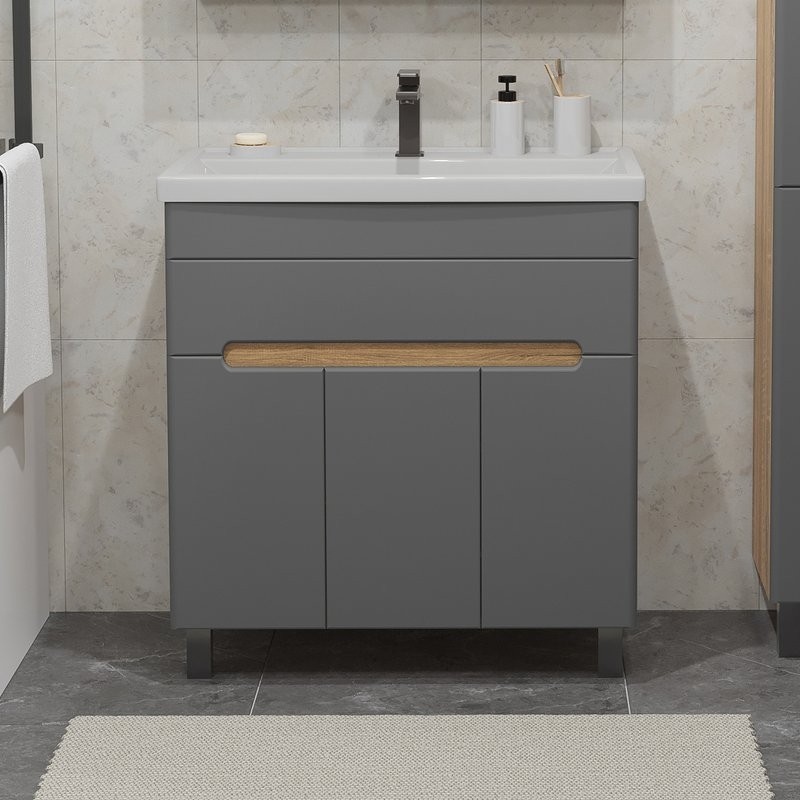 Тумба с раковиной SanStar Модена 80 напольная, графит софт, дуб вотан, раковина Фостер 80
