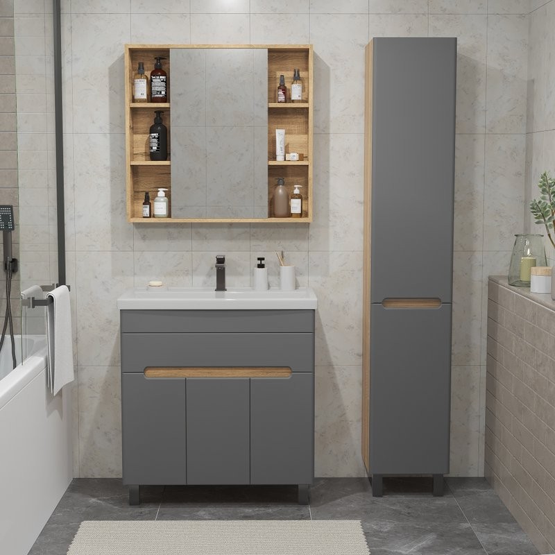 Тумба с раковиной SanStar Модена 80 напольная, графит софт, дуб вотан, раковина Фостер 80