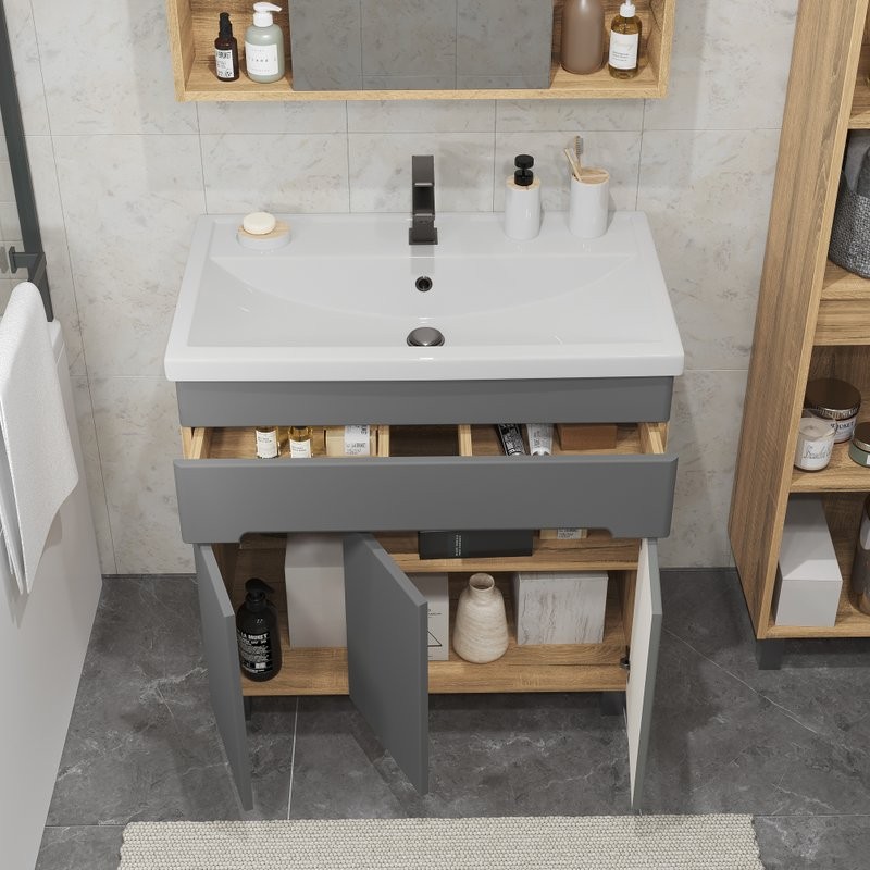 Тумба с раковиной SanStar Модена 80 напольная, графит софт, дуб вотан, раковина Фостер 80