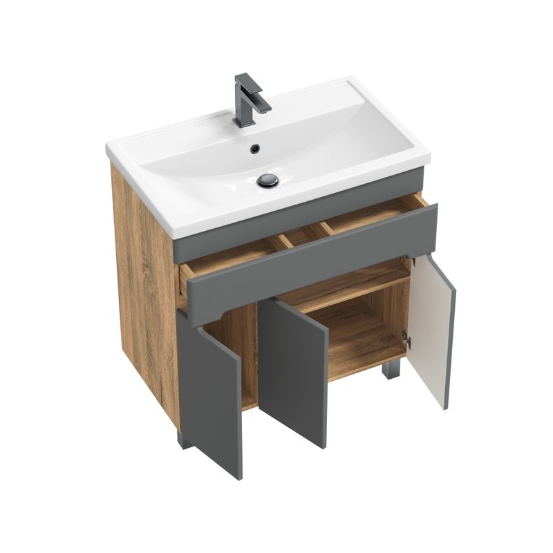 Тумба с раковиной SanStar Модена 80 напольная, графит софт, дуб вотан, раковина Фостер 80