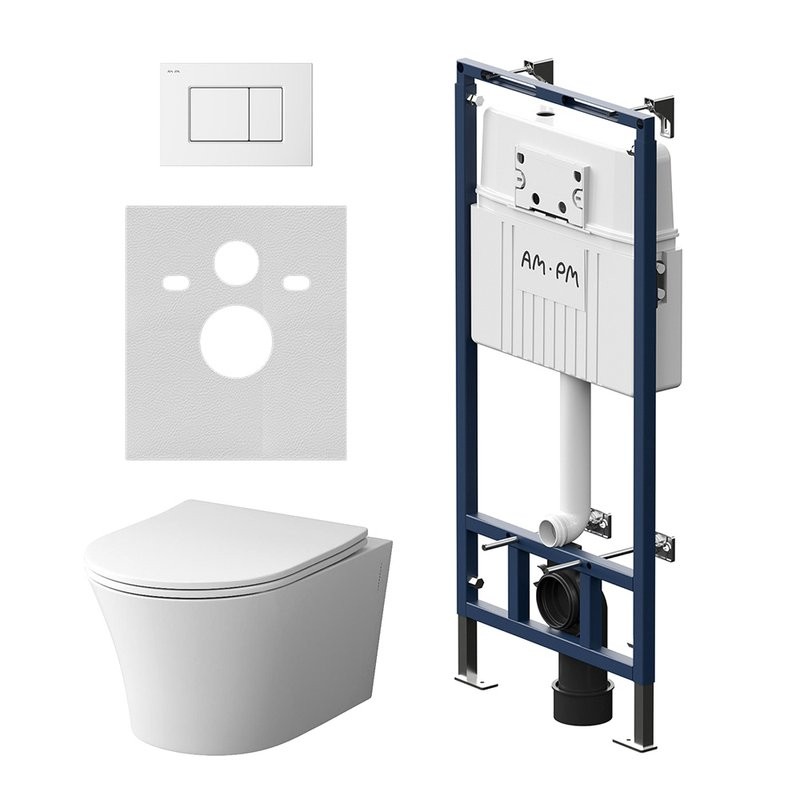 Комплект Унитаз подвесной Damixa Skyline DX35C1700SC безободковый, с микролифтом + Инсталляция AM.PM MasterFit I012710.0201 с кнопкой ProC S белый глянец