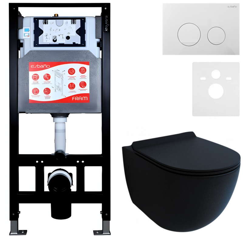 Комплект Унитаз подвесной Esbano Garcia ESUPGARCBM матовый черный + Инсталляция Fram + Кнопка ESINSLM37GW