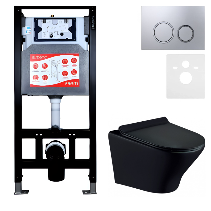 Комплект Унитаз подвесной Esbano Aster ESUPASTEBM матовый черный + Инсталляция Fram + Кнопка ESINKRG11MC