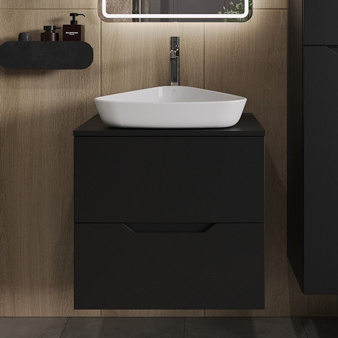 Тумба с раковиной Orange Line 60 подвесная, 2 ящика, матовая черная с раковиной B07-500W