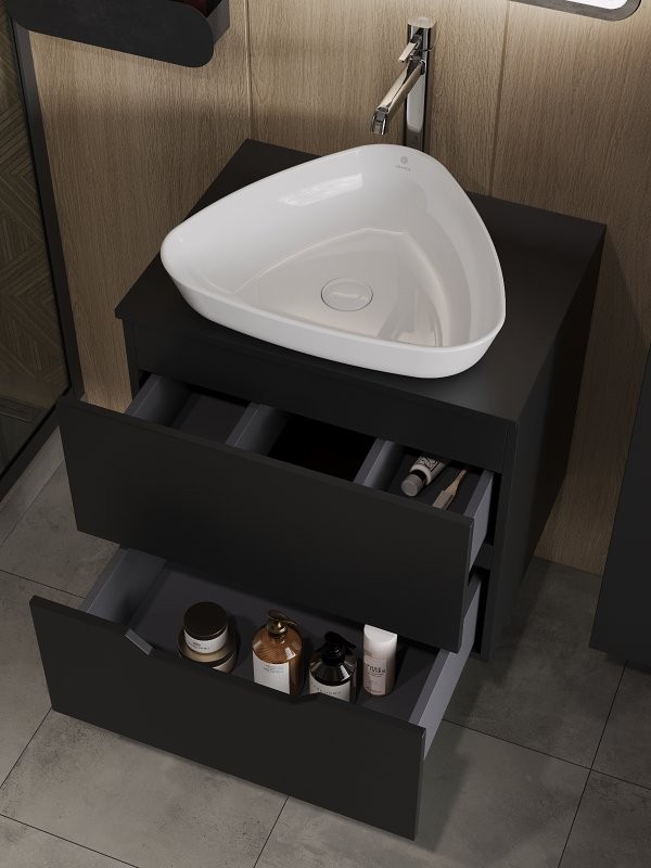 Тумба с раковиной Orange Line 60 подвесная, 2 ящика, матовая черная с раковиной B07-500W