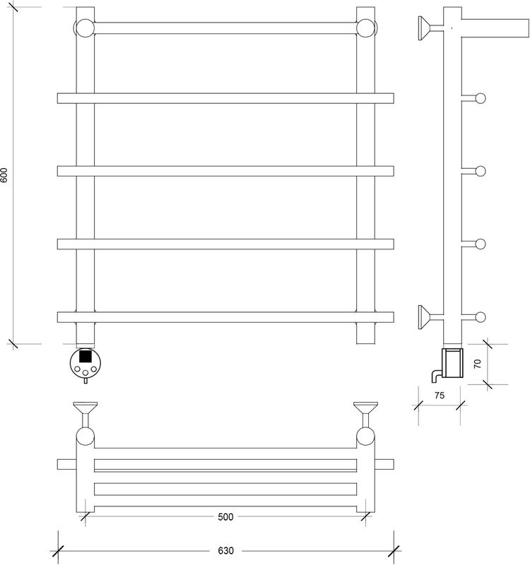 Полотенцесушитель электрический Secado Турин 1 СП 60x55 см, подключение слева, матовый черный, лесенка, с полкой