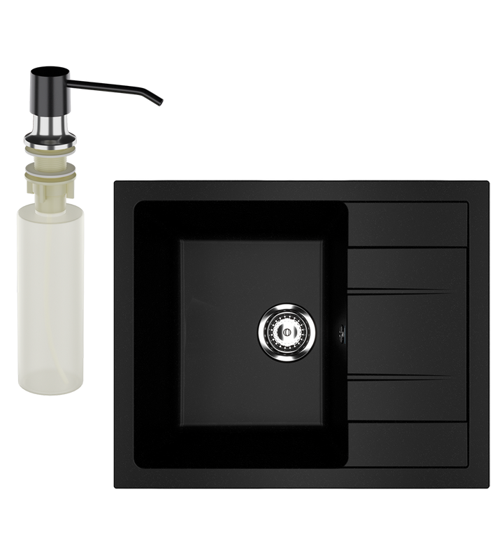 Мойка кухонная Ulgran U-607 344 ультра-черная + дозатор U-01 ультра-черный