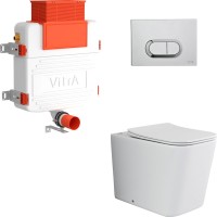 Комплект Унитаз приставной Ceramicanova Cubic Rimless CN1809 с микролифтом, безободковый + Кнопка VitrA 740-0940 сталь + Бачок