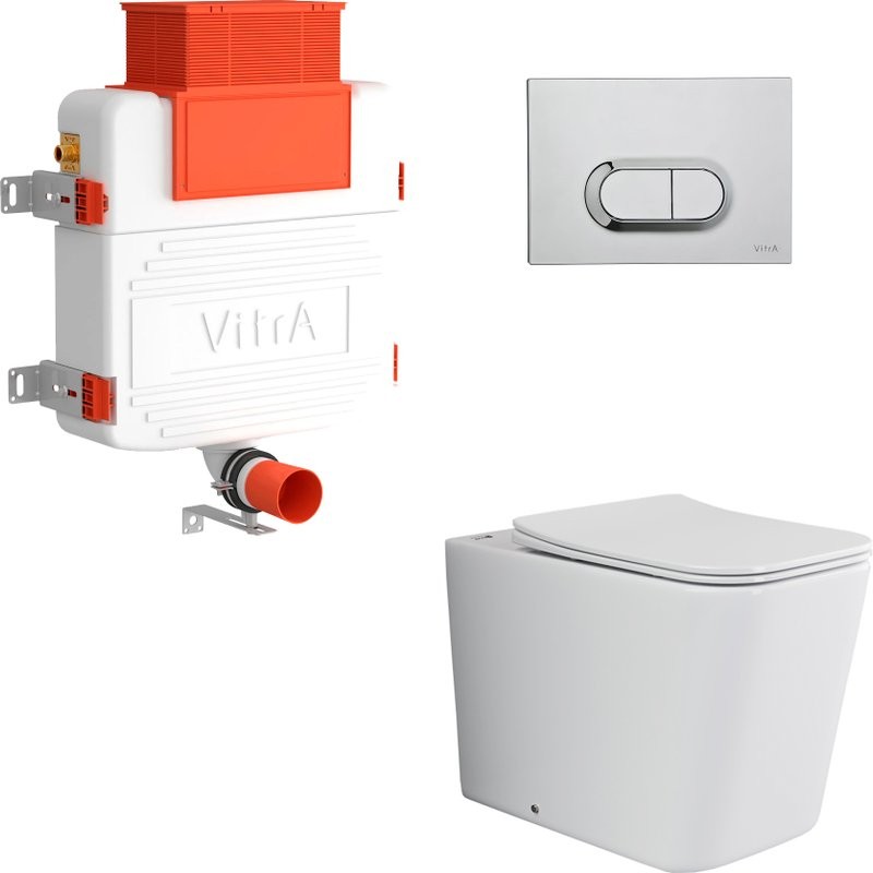 Комплект Унитаз приставной Ceramicanova Cubic Rimless CN1809 с микролифтом, безободковый + Кнопка VitrA 740-0940 сталь + Бачок