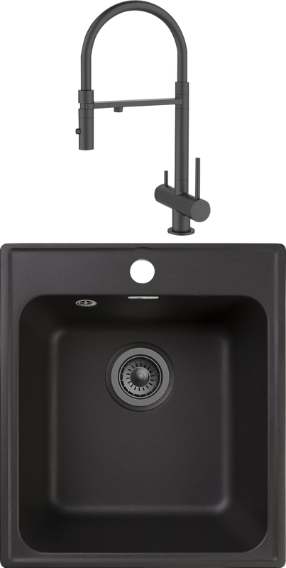 Комплект Мойка GranFest Quarz Z17 черный + Смеситель IDDIS Ace ACEBLFFi05 черный матовый, с гибким изливом
