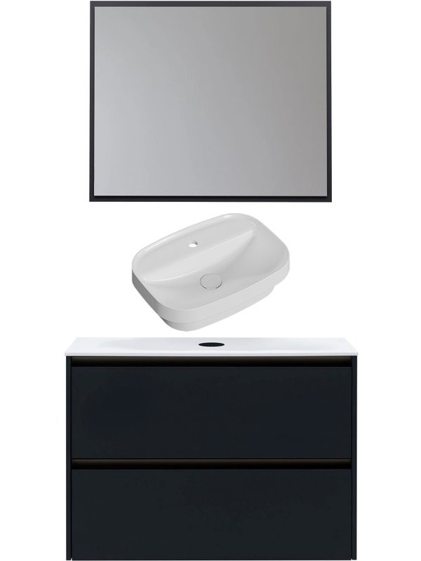 Мебель для ванной комнаты Allen Brau Activity 90 с подсветкой, матовый антрацит, олива браш, столешница белая, раковина Fantasy Sphere 55х40, белая