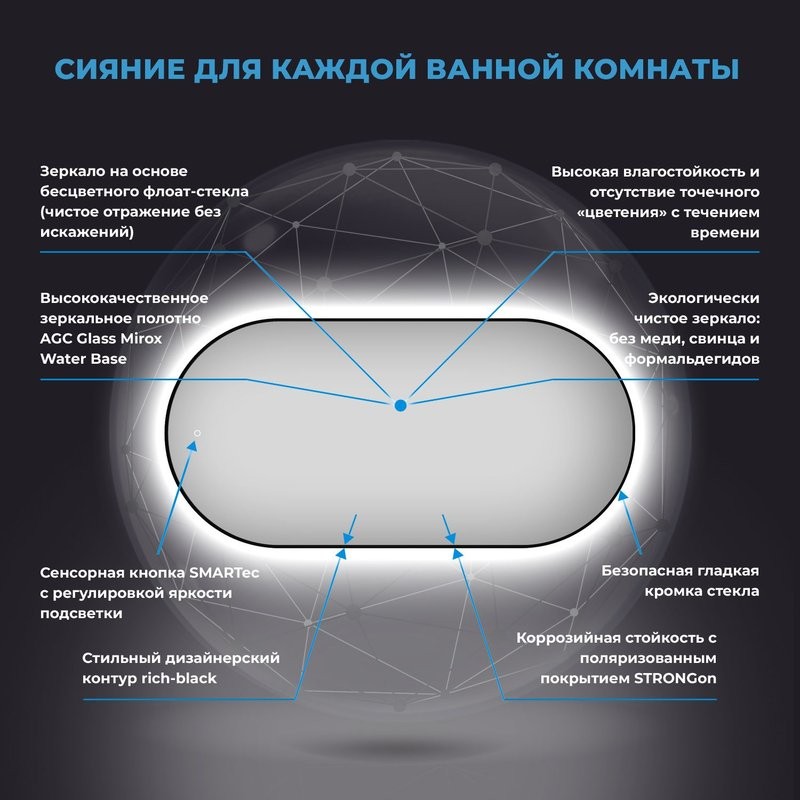 Зеркало Wellsee 7 Rays’ Spectrum 90х50 с подсветкой, черное матовое