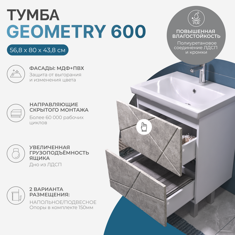 Мебель для ванной комнаты Vigo Geometry 60 напольная, бетон, раковина Como 60