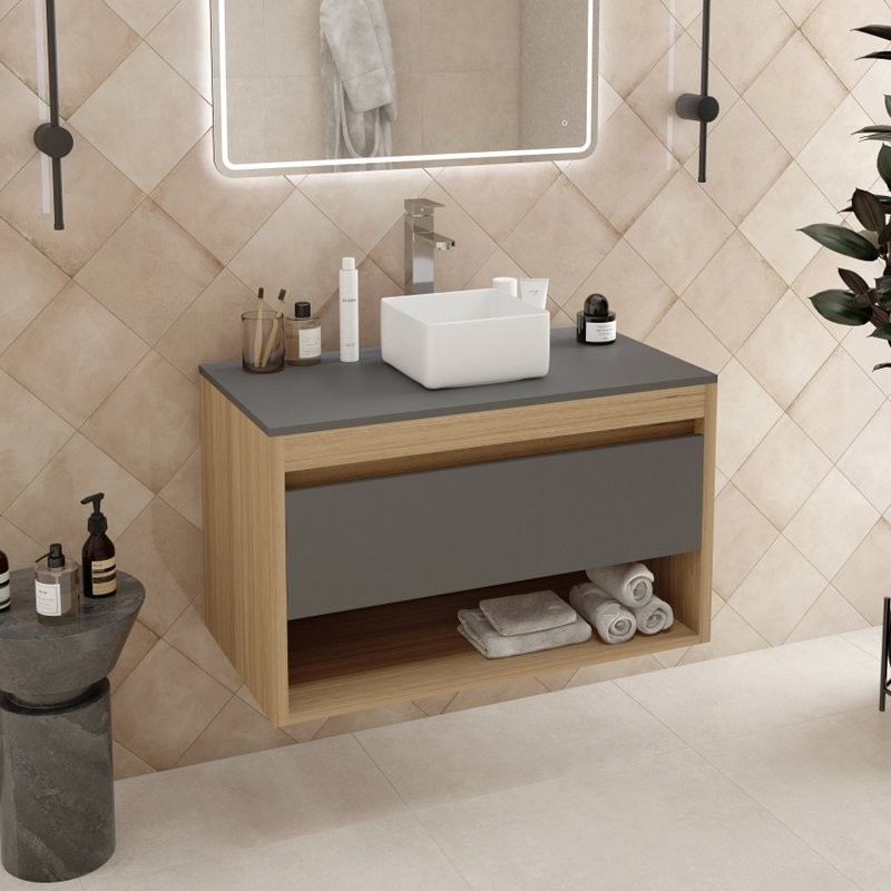 Тумба с раковиной Teymi Ritta 85 дуб эврика, матовый графит, раковина Helmi Mini 24