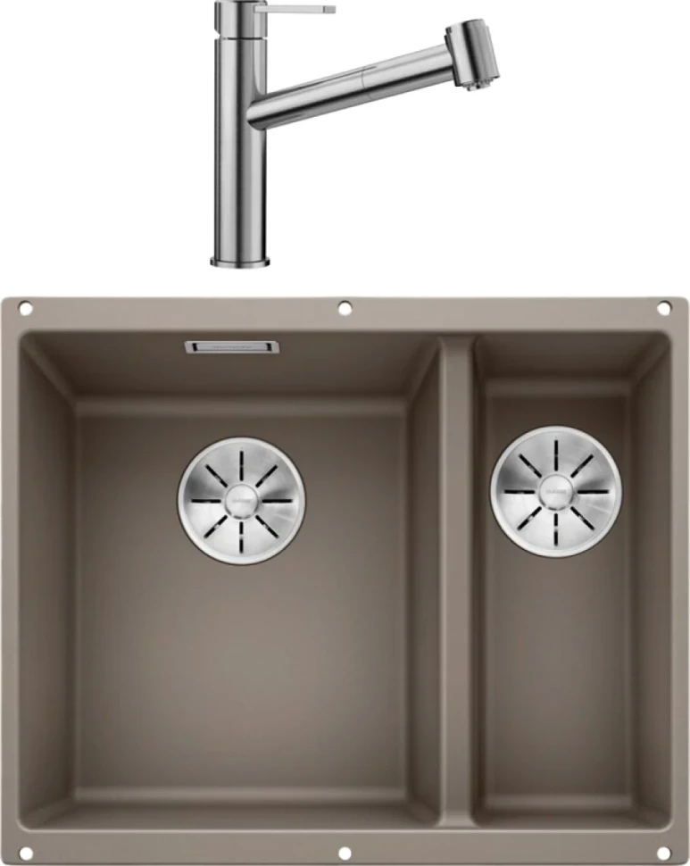 Комплект Мойка Blanco Subline 340/160-U серый беж, левая + Смеситель Ambis-S 523119