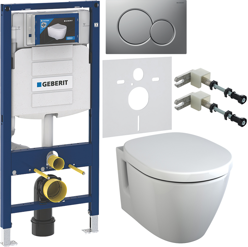 Комплект Унитаз подвесной Ideal Standard Connect E781901 с функцией биде + Крышка E712701 с микролифтом, петли хром + Инсталляция Geberit Duofix UP 320 111.300.00.5 + Кнопка Sigma 01 115.770.JQ.5 лакированная, матовый хром + Крепления 111.815.00.1 к стене