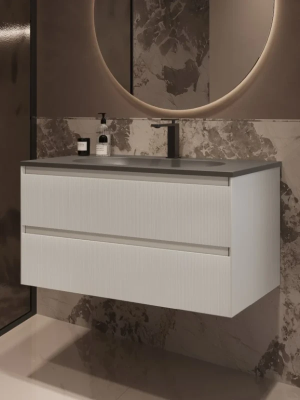 Тумба с раковиной Vincea Welle 100 m.white soft-touch, раковина VCB-4H100G серый шелк