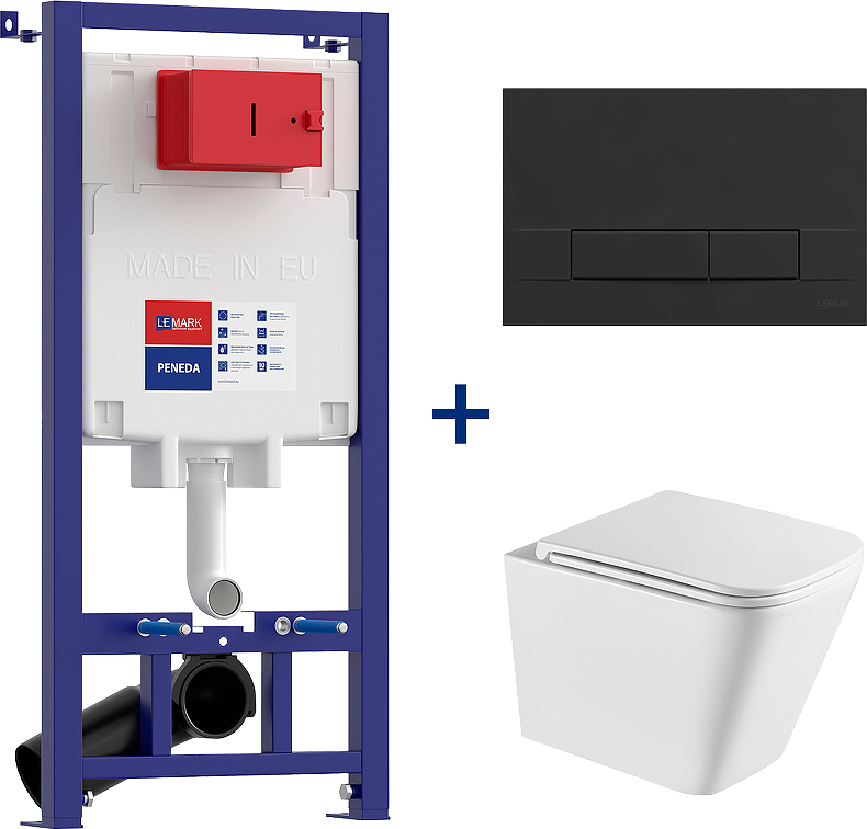 Комплект Lemark Florex 100802420 безободковый, с микролифтом, кнопка смыва матовая черная soft touch