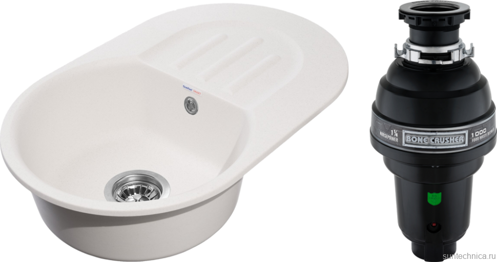 Комплект Мойка GranFest Smart SM 680 L белая + Измельчитель Bone Crusher BC 1000-AS