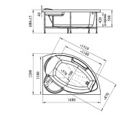 Акриловая ванна Radomir Алари Релакс 170x120 см, угловая, левая, пристенная, с гидромассажем, белая, асимметричная, с каркасом, с экраном, с сиденьем, со сливом-переливом