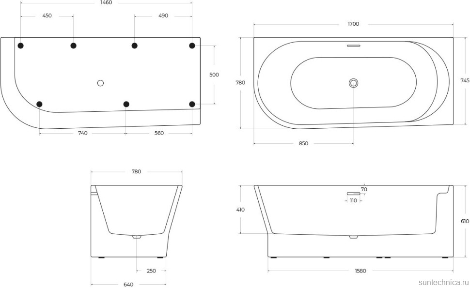 Акриловая ванна BelBagno BB410-1700-780-R без опоры 170x80 см, правая, пристенная, белая, со сливом-переливом