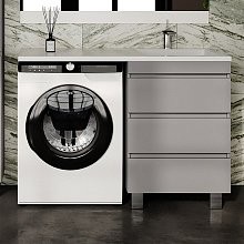 Тумба с раковиной Style Line Даллас Леон 120 R Люкс Plus напольная, серая, для стиральной машины, 3 ящика