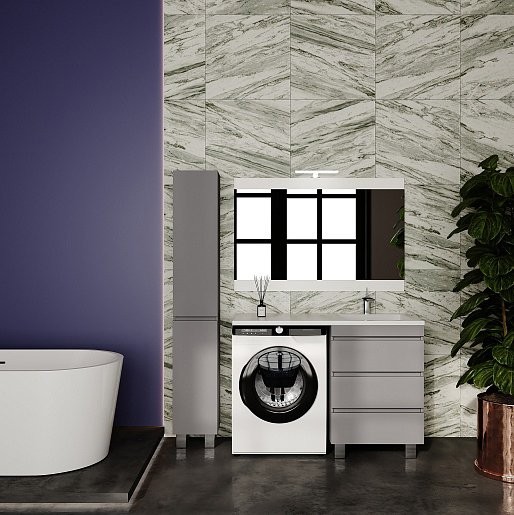 Тумба с раковиной Style Line Даллас Леон 120 R Люкс Plus напольная, серая, для стиральной машины, 3 ящика