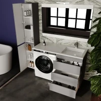 Тумба с раковиной Style Line Даллас Леон 120 R Люкс Plus напольная, серая, для стиральной машины, 3 ящика