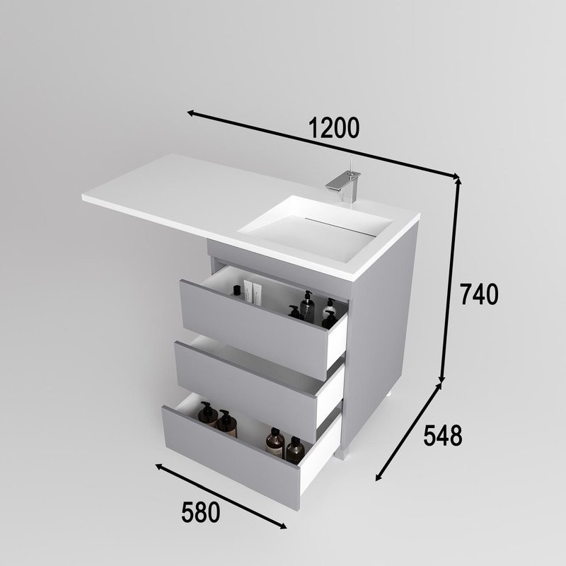 Тумба с раковиной Style Line Даллас Леон 120 R Люкс Plus напольная, серая, для стиральной машины, 3 ящика
