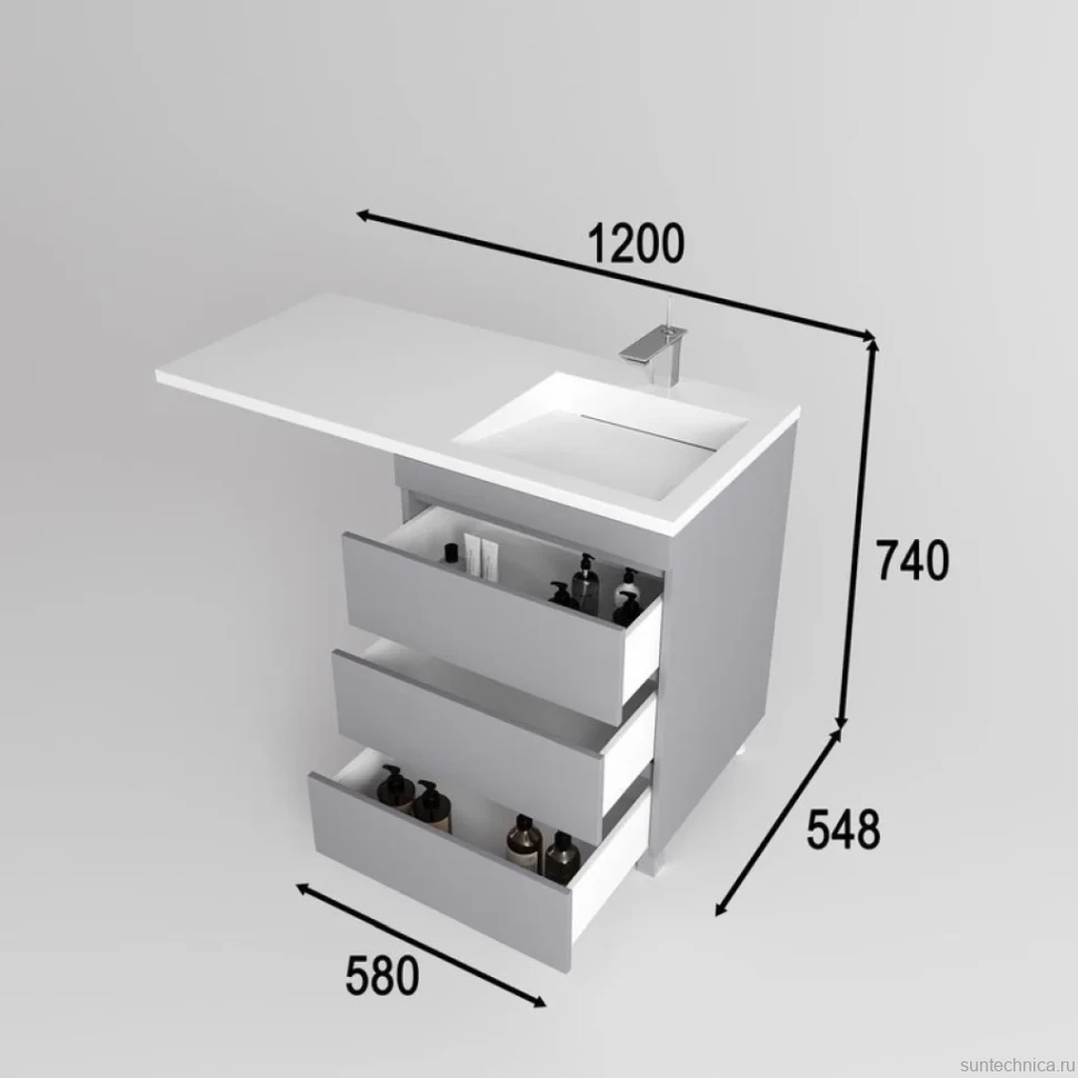 Тумба с раковиной Style Line Даллас Леон 120 R Люкс Plus напольная, серая, для стиральной машины, 3 ящика