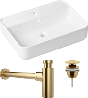 Комплект Накладная раковина Lavinia Boho Bathroom Sink Slim 33311008 + Донный клапан Wellsee Drainage System 182141000 золото + Сифон 182106000 золото