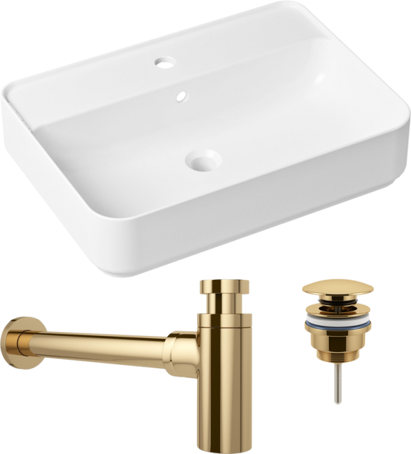 Комплект Накладная раковина Lavinia Boho Bathroom Sink Slim 33311008 + Донный клапан Wellsee Drainage System 182141000 золото + Сифон 182106000 золото