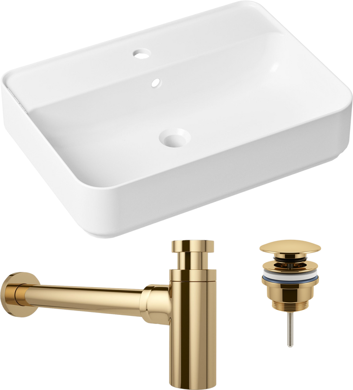 Комплект Накладная раковина Lavinia Boho Bathroom Sink Slim 33311008 + Донный клапан Wellsee Drainage System 182141000 золото + Сифон 182106000 золото