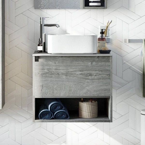 Тумба под раковину со столешницей STWORKI Карлстад 60 дуб рошелье, монте тиберио, с отверстием для смесителя