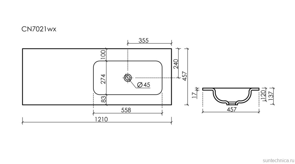 Раковина накладная Ceramicanova Grace, чаша справа, без отв под смеситель, 1210x457x137, белый, CN7021wx