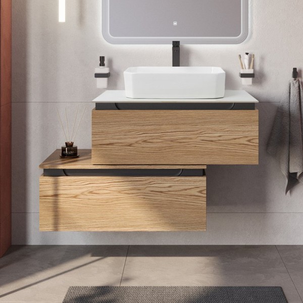 Тумба с раковиной Cezares Slider 80 подвесная, 2 ящика, дуб тангент, со столешницей bianco opaco