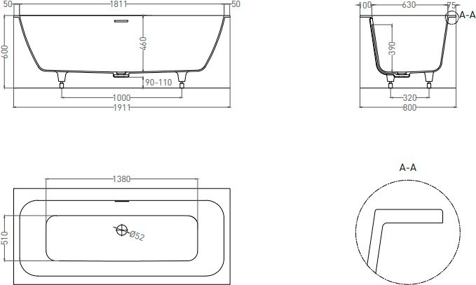 Ванна из искусственного камня Salini Orlanda Axis Kit S-Sense 190x80 см, встраиваемая, белая, на ножках, со сливом-переливом