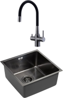 Комплект Мойка Paulmark Vista PM304444-GM вороненая сталь + Смеситель Salix 213419-GM вороненая сталь, черный, с гибким изливом