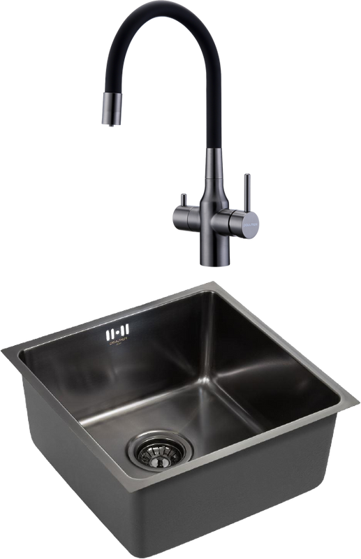 Комплект Мойка Paulmark Vista PM304444-GM вороненая сталь + Смеситель Salix 213419-GM вороненая сталь, черный, с гибким изливом